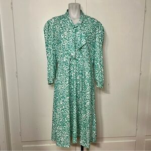 Vintage 70s/80s Teal Floral Print Long Sleeve Midi Dress Bow Neck